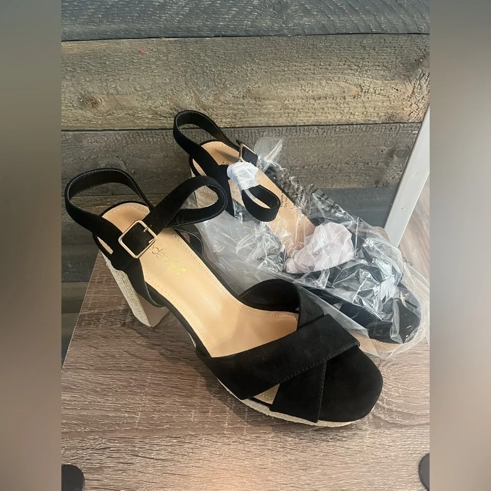 Shoedazzle‎ Tina Crossover Sandals Black Raffia Block Heel Ankle Straps Size 9.5 - Picture 5 of 14
